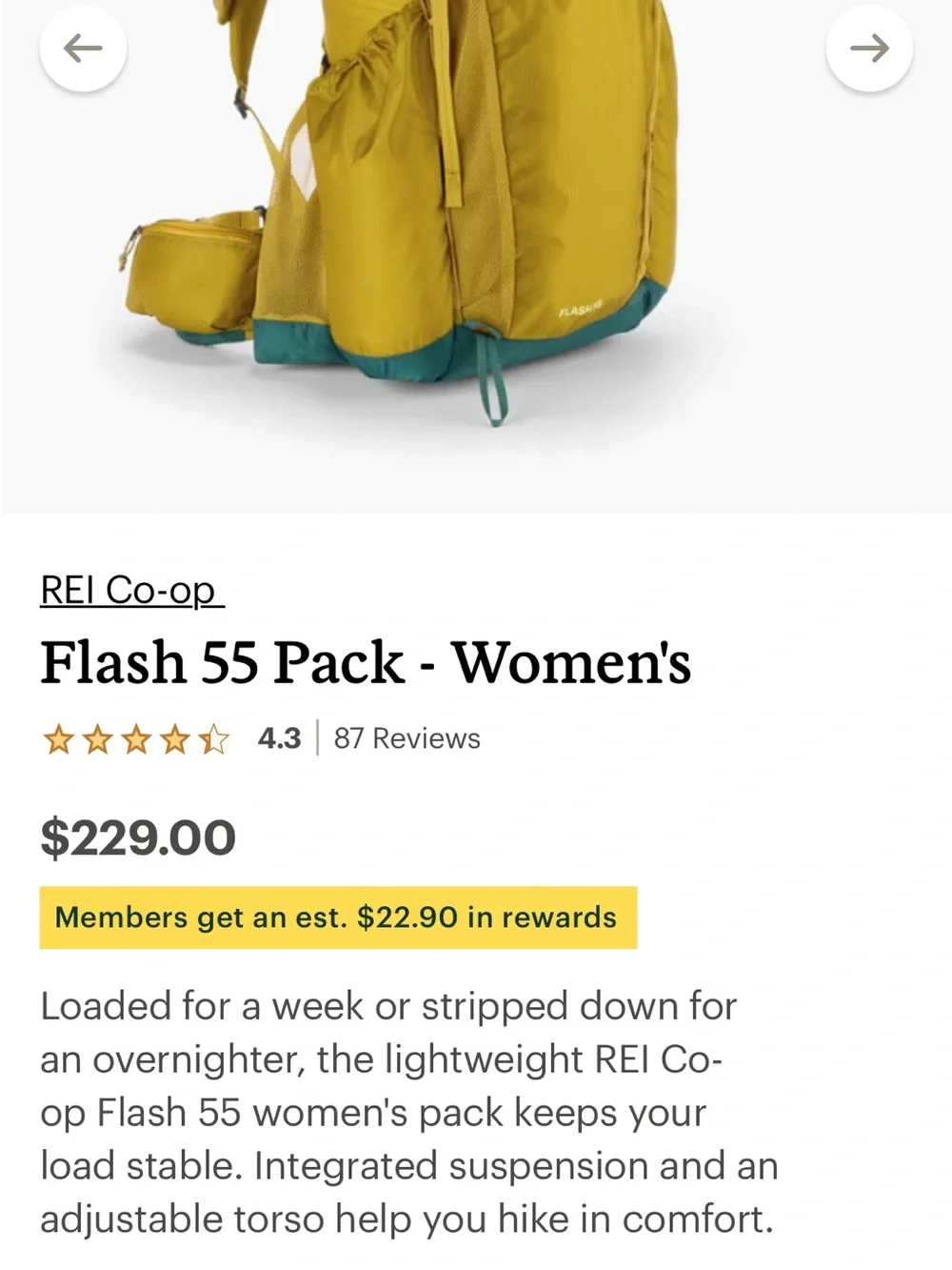 Women’s REI Flash 55 Backpack in Mustard with Green Base